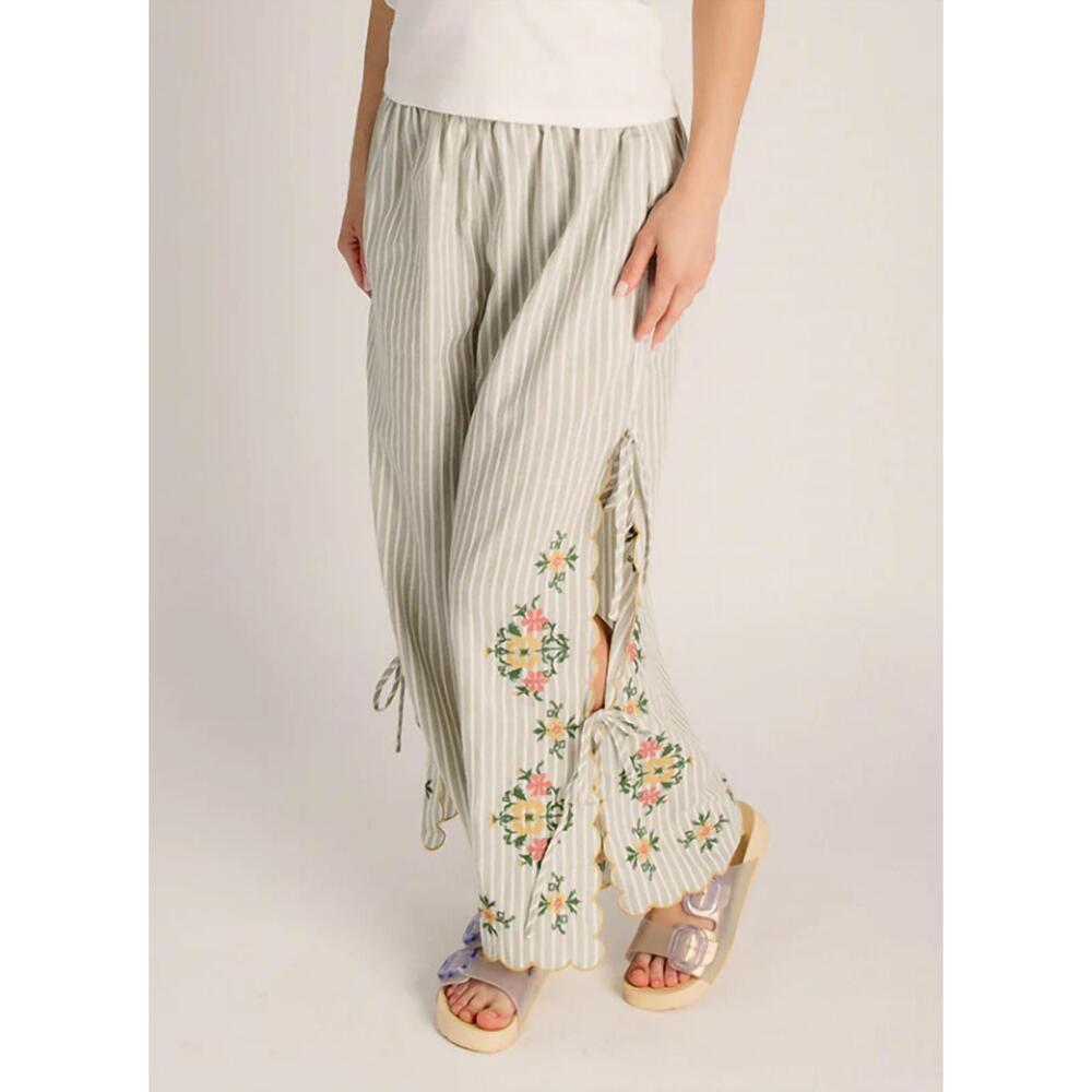 NEW MIOU MUSE floral embroidery striped pant in sage